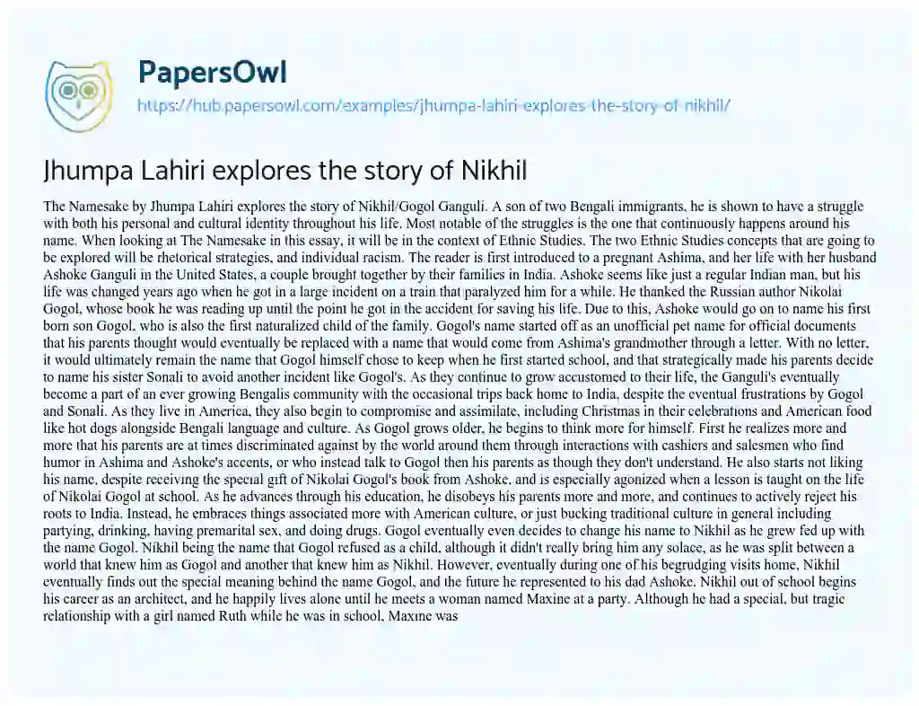 Essay on Jhumpa Lahiri explores the story of Nikhil