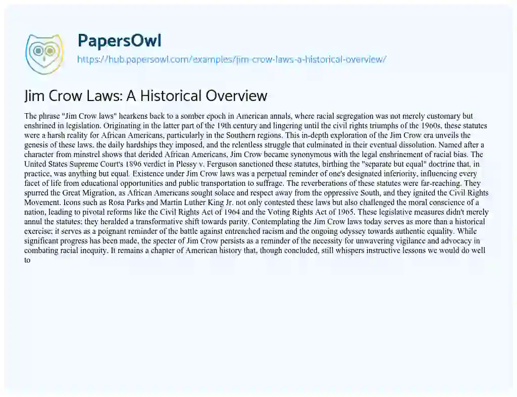 Essay on Jim Crow Laws: A Historical Overview