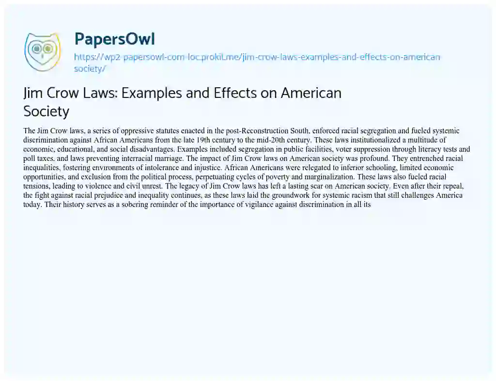 Essay on Jim Crow Laws: Examples and Effects on American Society