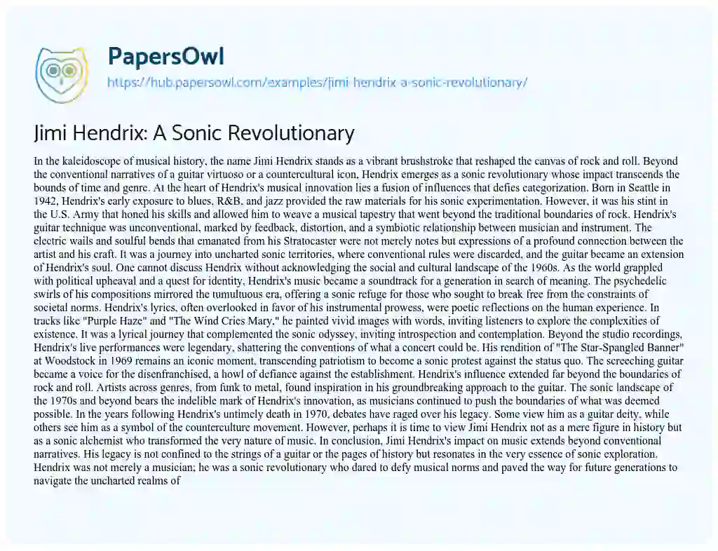 Essay on Jimi Hendrix: A Sonic Revolutionary