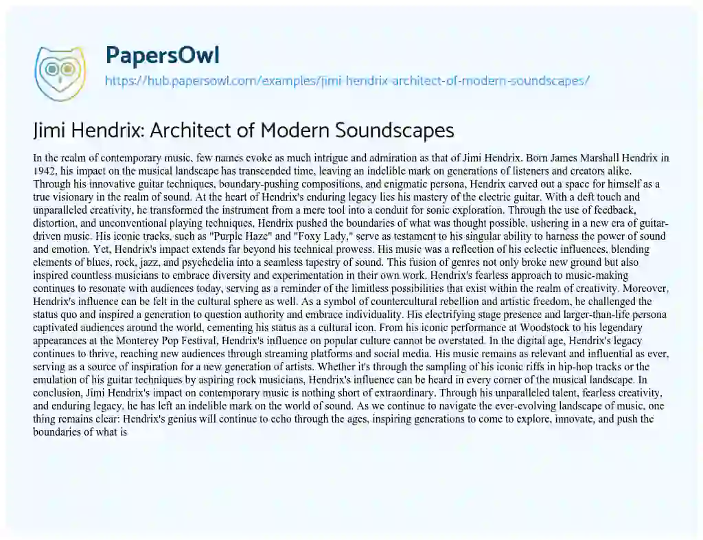 Essay on Jimi Hendrix: Architect of Modern Soundscapes