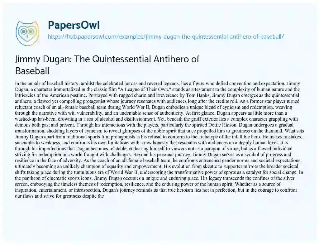 Essay on Jimmy Dugan: The Quintessential Antihero of Baseball