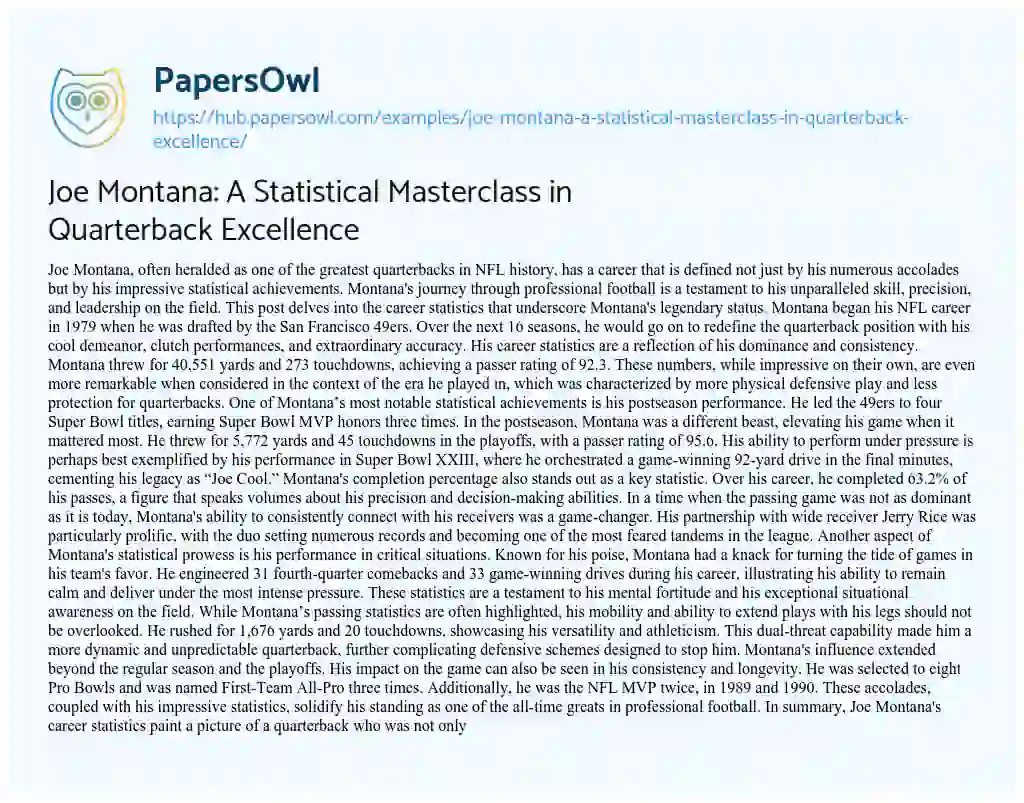 Essay on Joe Montana: A Statistical Masterclass in Quarterback Excellence