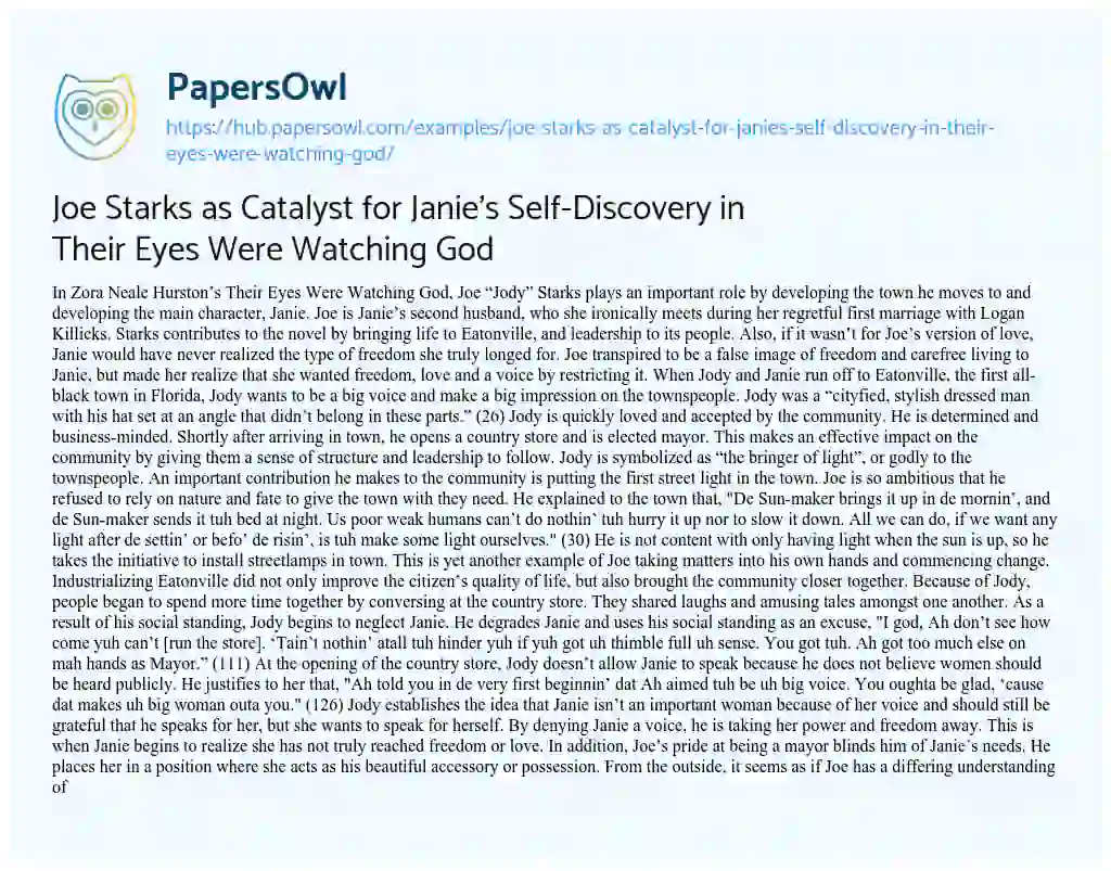 Essay on Joe Starks as Catalyst for Janie’s Self-Discovery in Their Eyes Were Watching God
