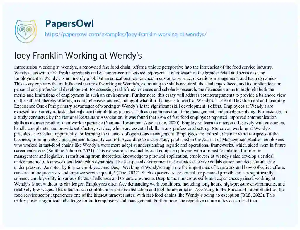 Essay on Joey Franklin Working at Wendy’s
