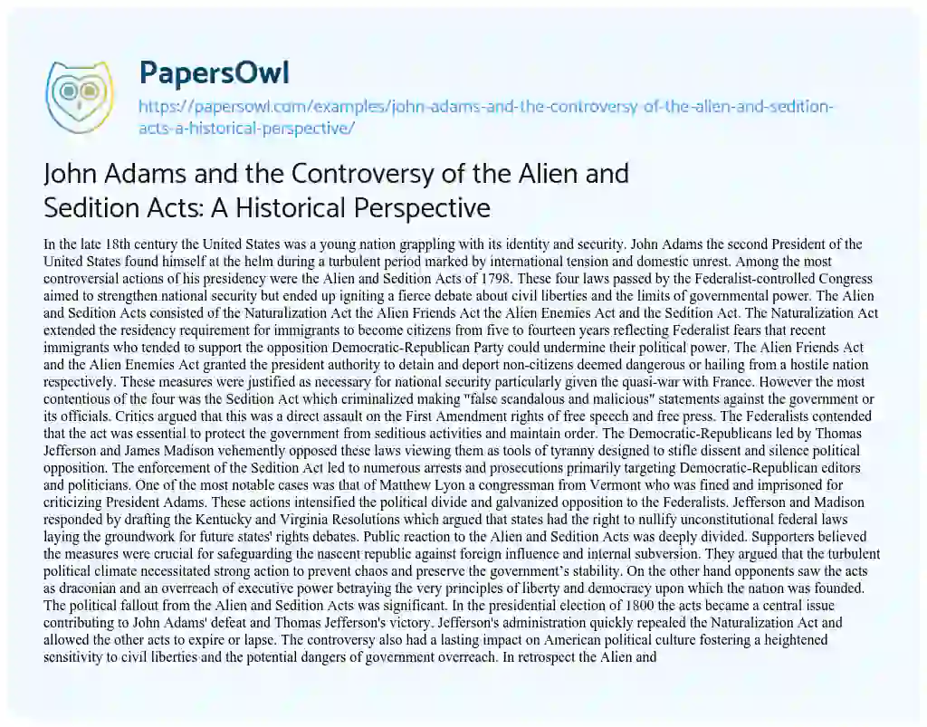 Essay on John Adams and the Controversy of the Alien and Sedition Acts: A Historical Perspective