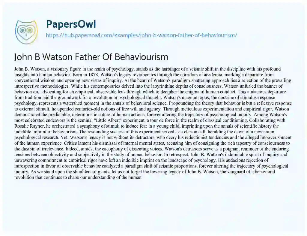 Essay on John B Watson Father Of Behaviourism