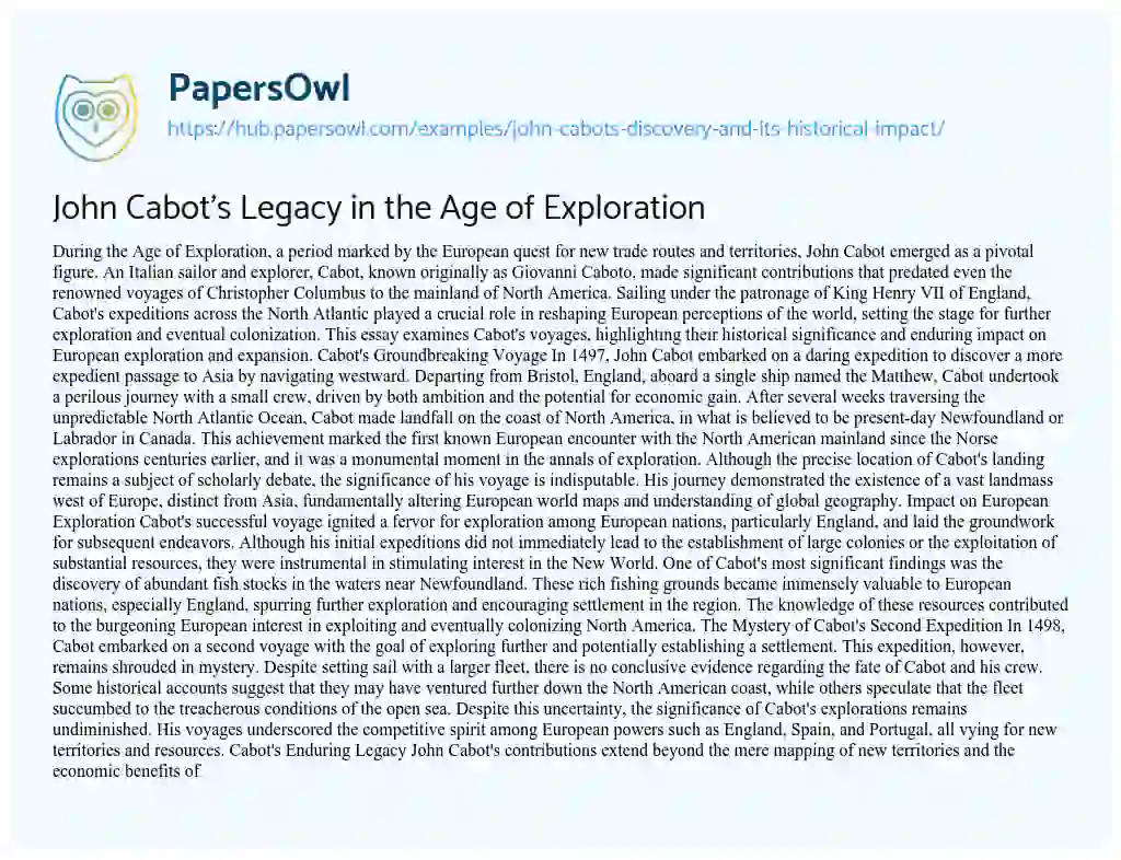 Essay on John Cabot’s Legacy in the Age of Exploration
