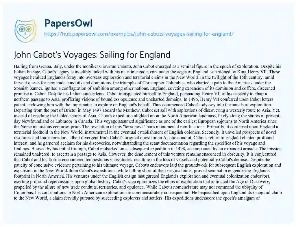 Essay on John Cabot’s Voyages: Sailing for England