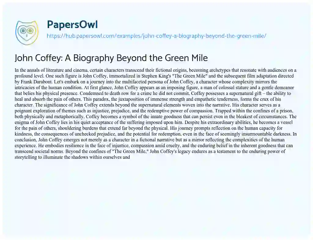 Essay on John Coffey: A Biography Beyond the Green Mile