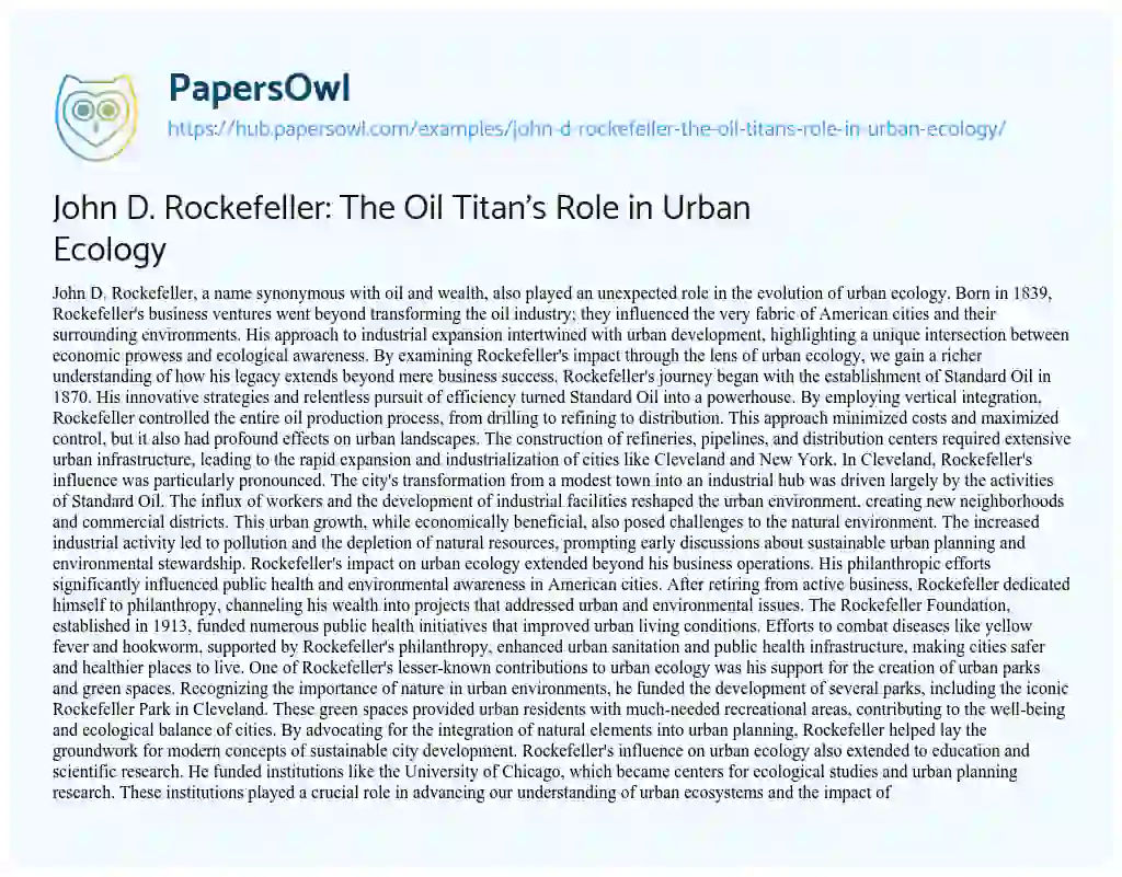 Essay on John D. Rockefeller: The Oil Titan’s Role in Urban Ecology