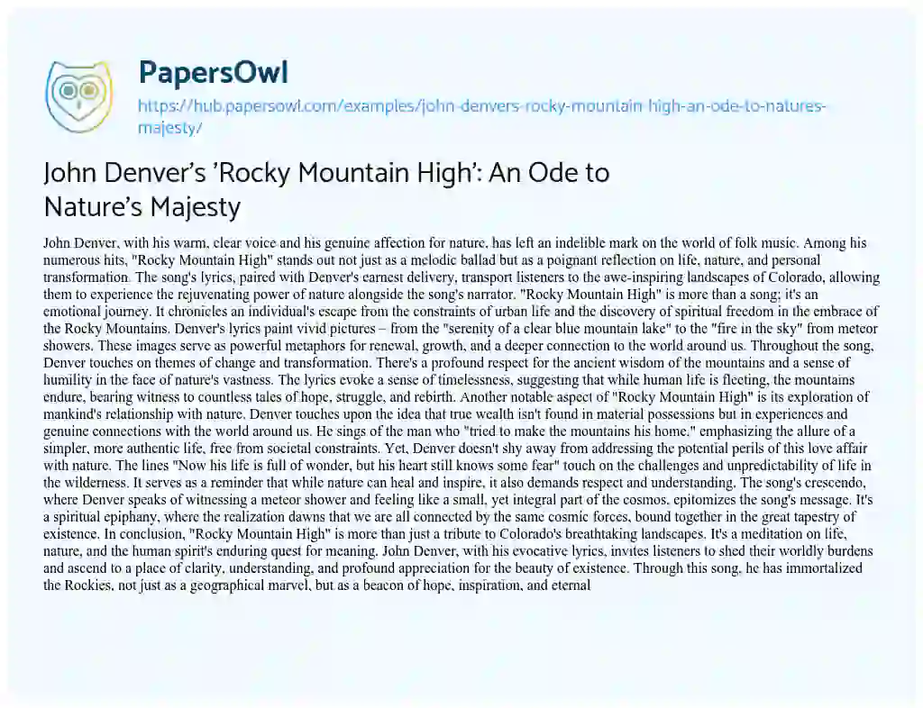 Essay on John Denver’s ‘Rocky Mountain High’: An Ode to Nature’s Majesty