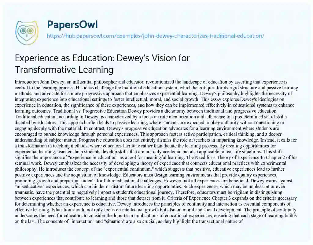 Essay on Experience as Education: Dewey’s Vision for Transformative Learning