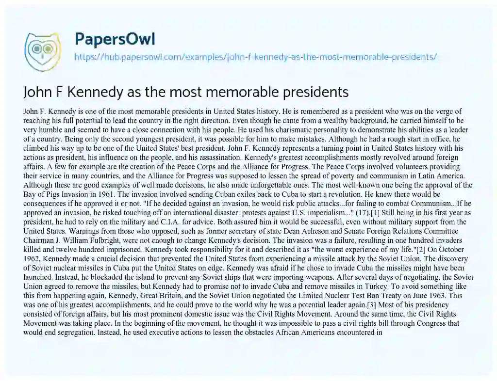 Essay on John F Kennedy as the most memorable presidents