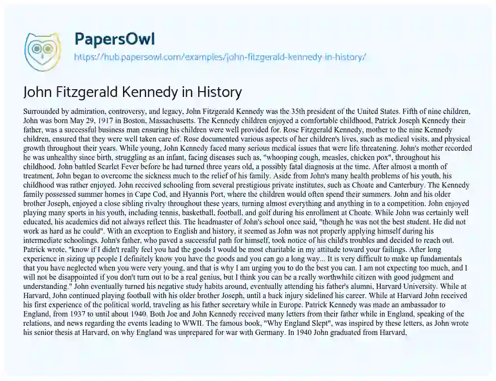 Essay on John Fitzgerald Kennedy in History