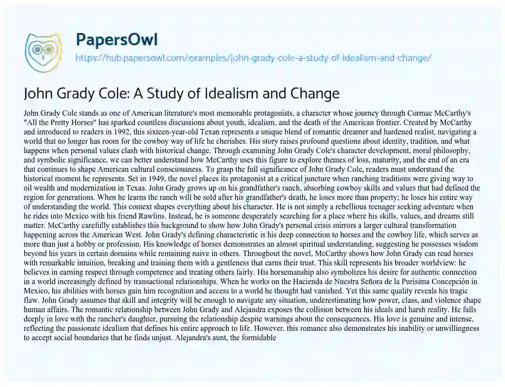 Essay on John Grady Cole: A Study of Idealism and Change