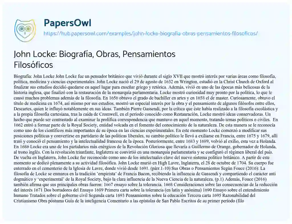 Essay on John Locke: Biografía, Obras, Pensamientos Filosóficos