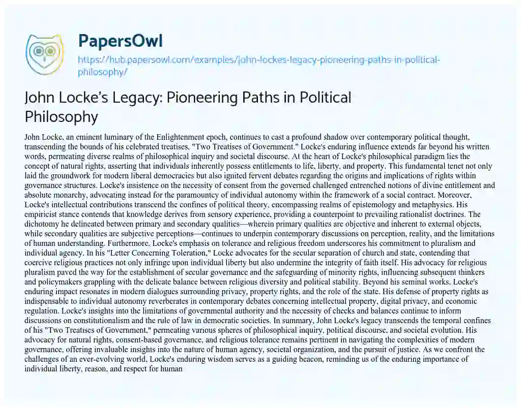 Essay on John Locke’s Legacy: Pioneering Paths in Political Philosophy
