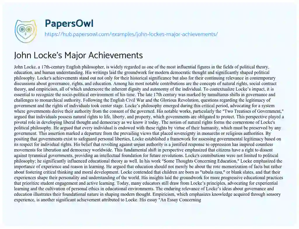Essay on John Locke’s Major Achievements