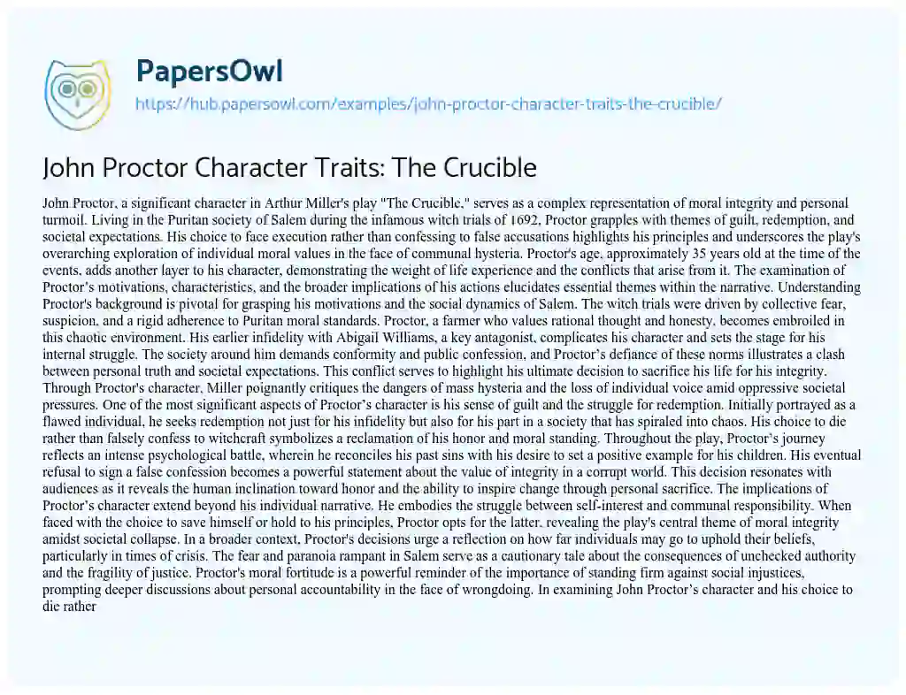 Essay on John Proctor Character Traits: The Crucible