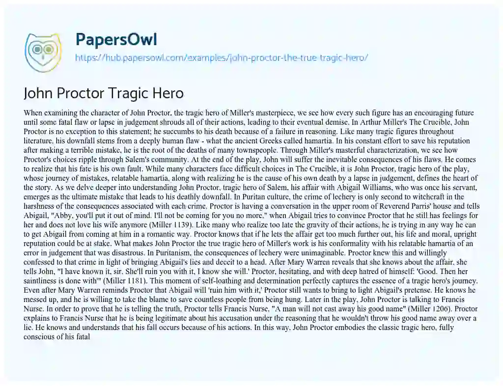 Essay on John Proctor Tragic Hero