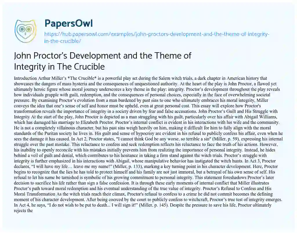 Essay on John Proctor’s Development and the Theme of Integrity in The Crucible