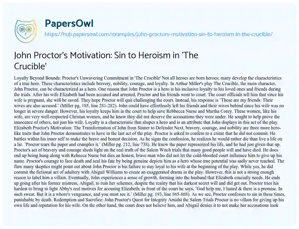 Essay on John Proctor’s Motivation: Sin to Heroism in ‘The Crucible’