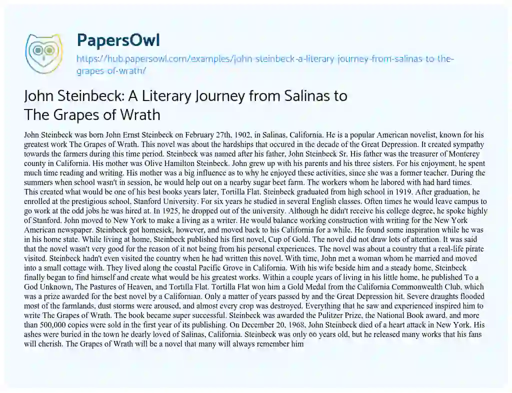 Essay on John Steinbeck: A Literary Journey from Salinas to The Grapes of Wrath