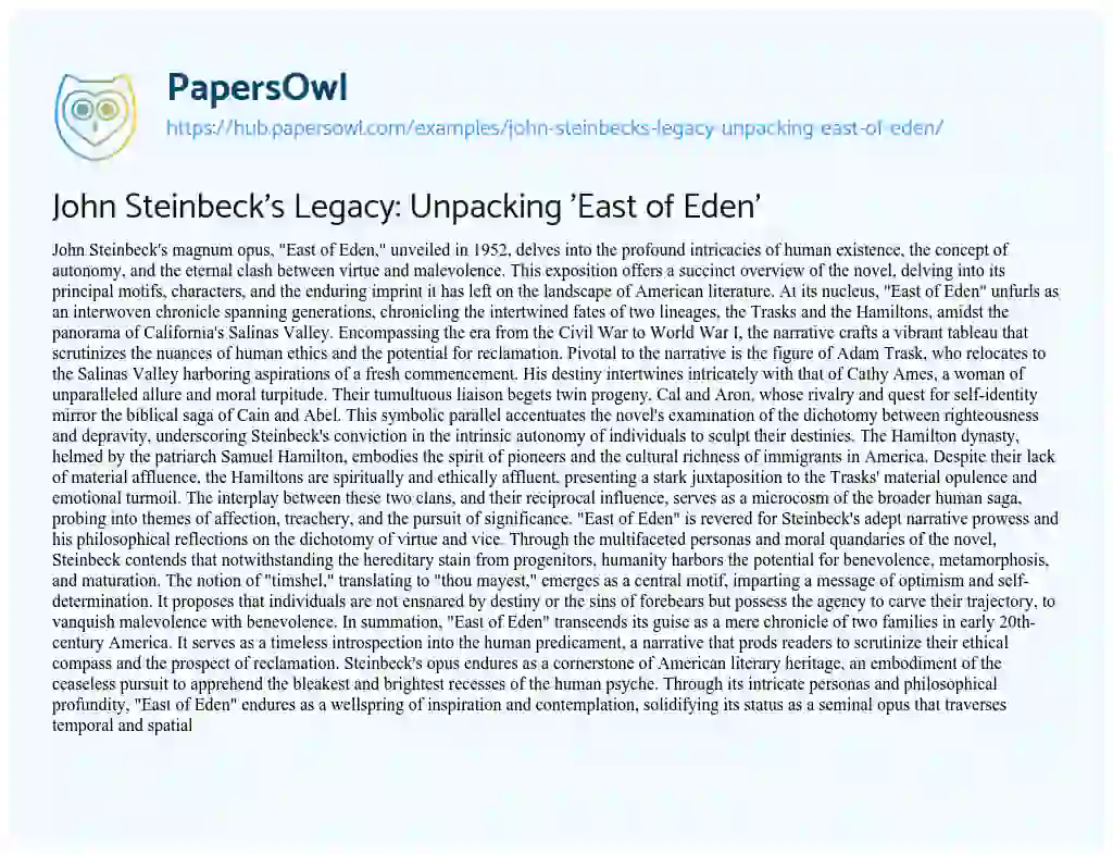 Essay on John Steinbeck’s Legacy: Unpacking ‘East of Eden’