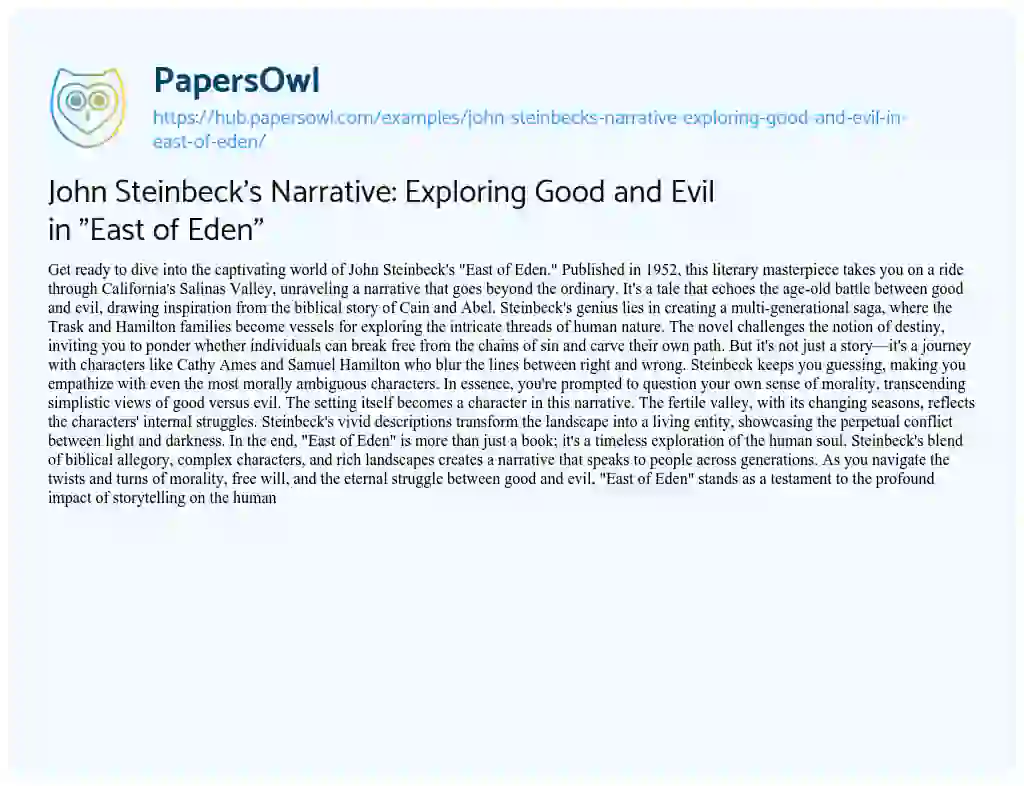 Essay on John Steinbeck’s Narrative: Exploring Good and Evil in “East of Eden”