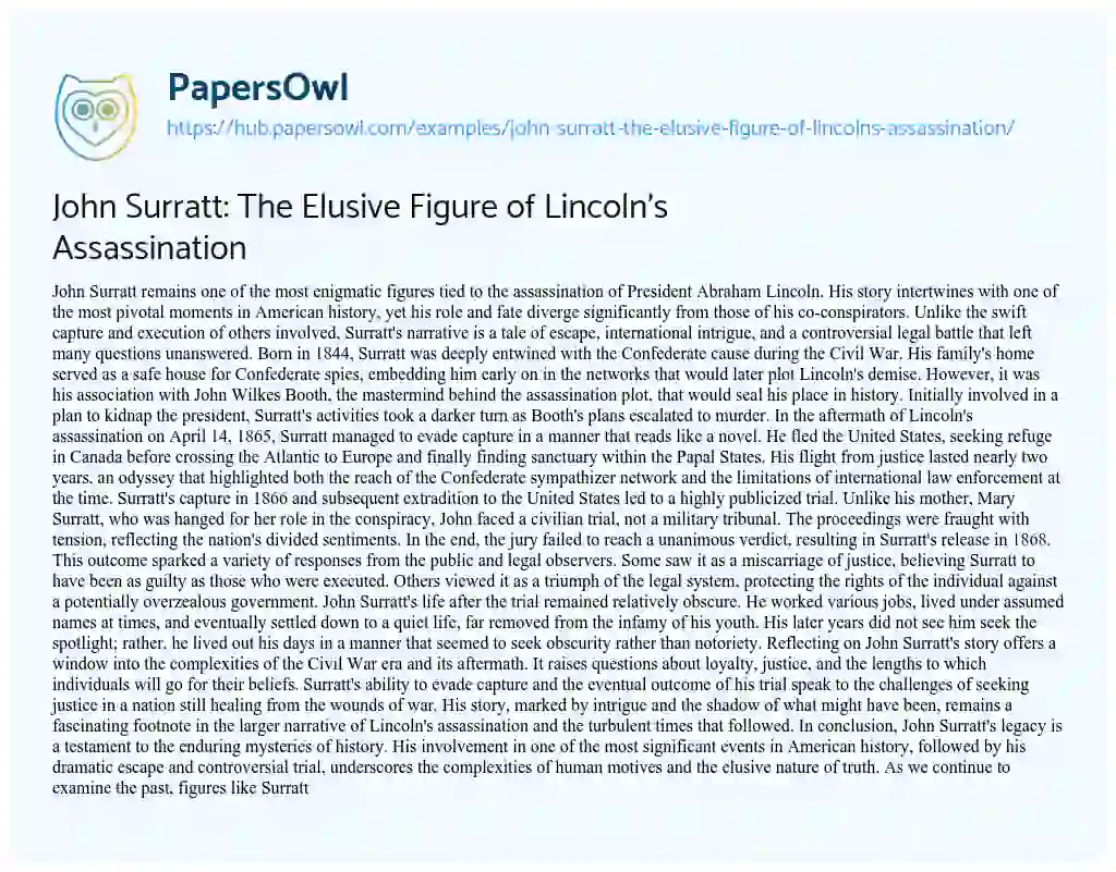 Essay on John Surratt: The Elusive Figure of Lincoln’s Assassination