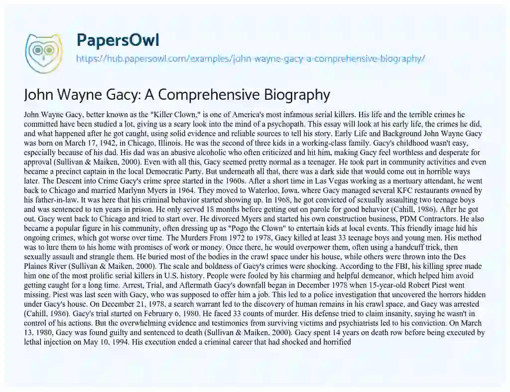 Essay on John Wayne Gacy: A Comprehensive Biography