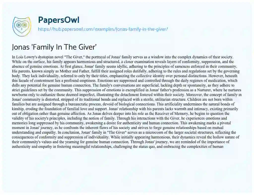 Essay on Jonas ‘Family In The Giver’