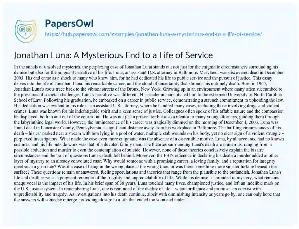 Essay on Jonathan Luna: A Mysterious End to a Life of Service