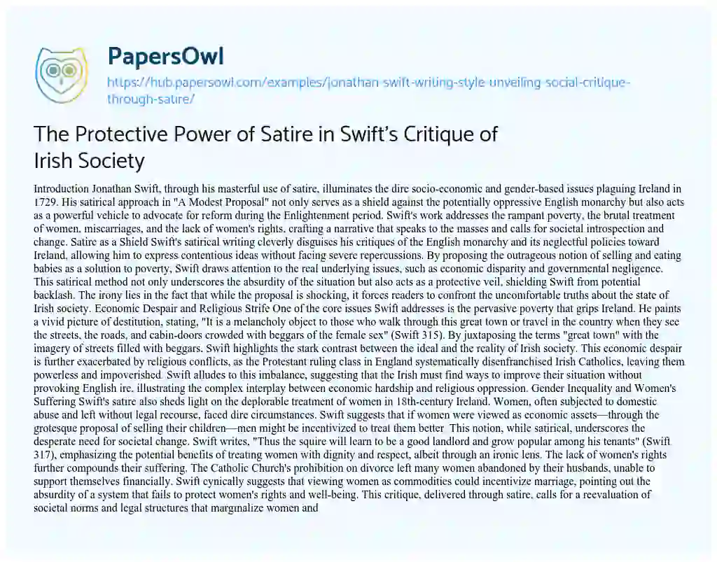 Essay on The Protective Power of Satire in Swift’s Critique of Irish Society