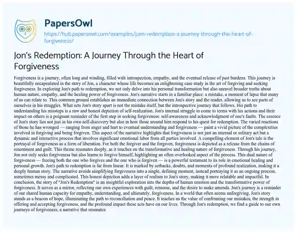 Essay on Jon’s Redemption: A Journey Through the Heart of Forgiveness