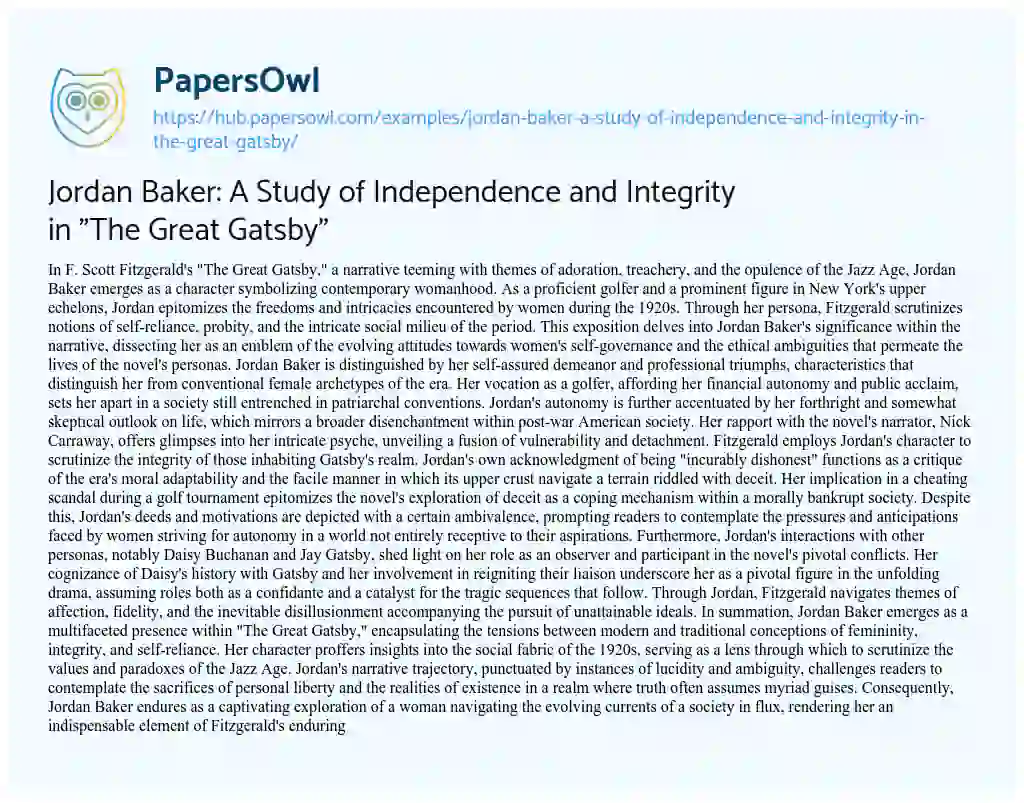 Essay on Jordan Baker: A Study of Independence and Integrity in “The Great Gatsby”
