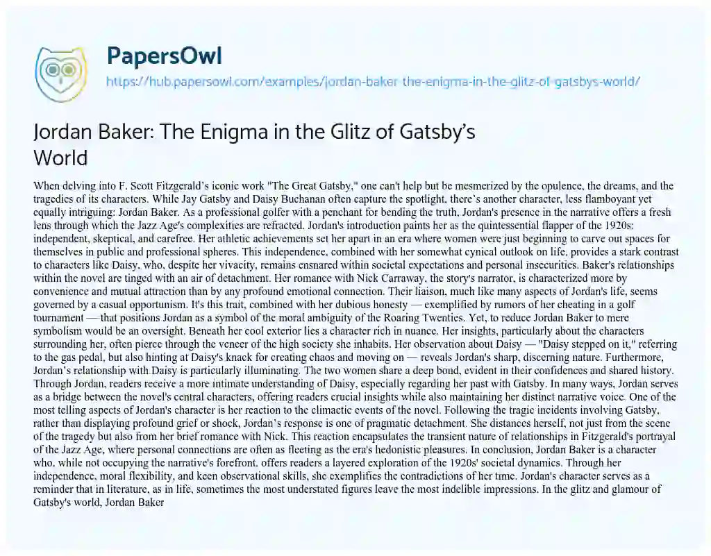 Essay on Jordan Baker: The Enigma in the Glitz of Gatsby’s World