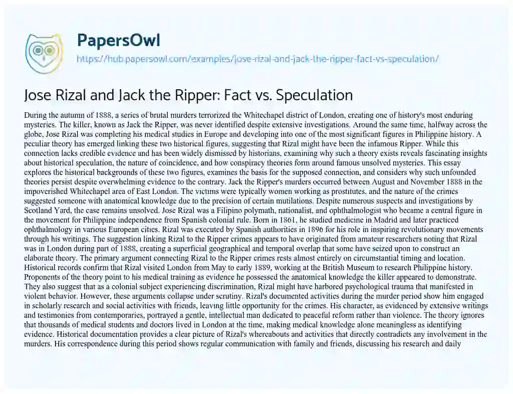Essay on Jose Rizal and Jack the Ripper: Fact vs. Speculation