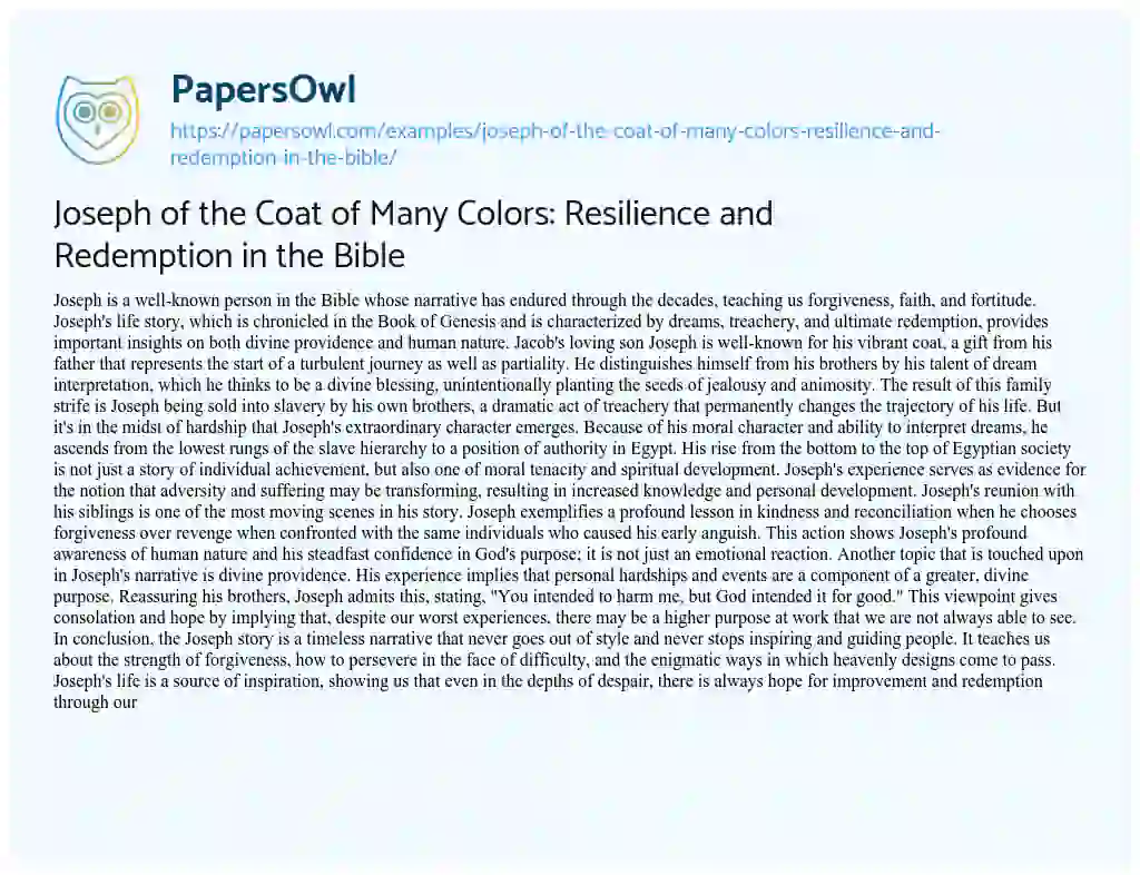 Essay on Joseph of the Coat of Many Colors: Resilience and Redemption in the Bible