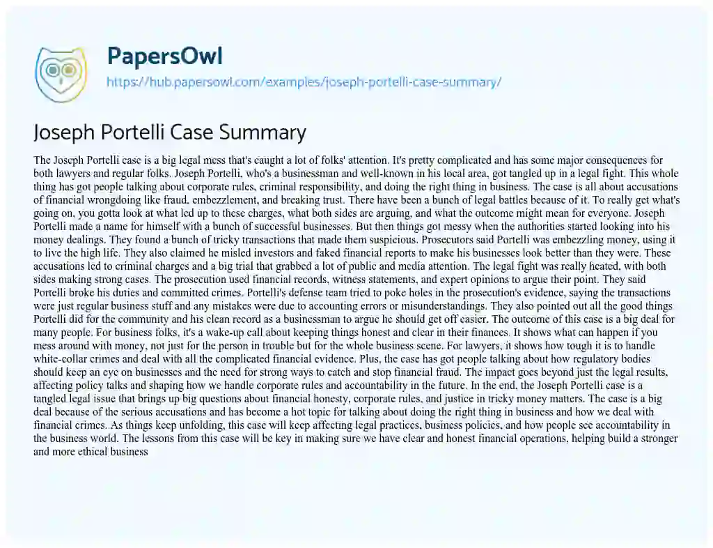 Essay on Joseph Portelli Case Summary
