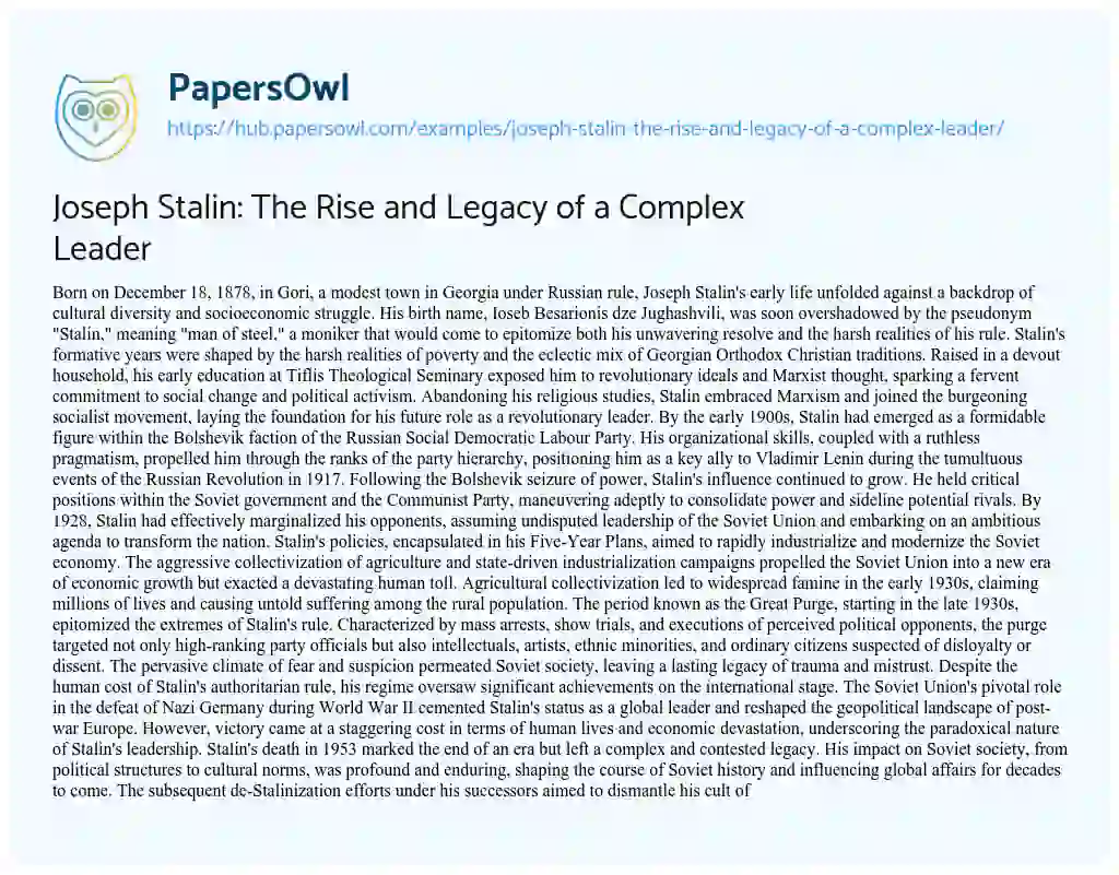 Essay on Joseph Stalin: The Rise and Legacy of a Complex Leader