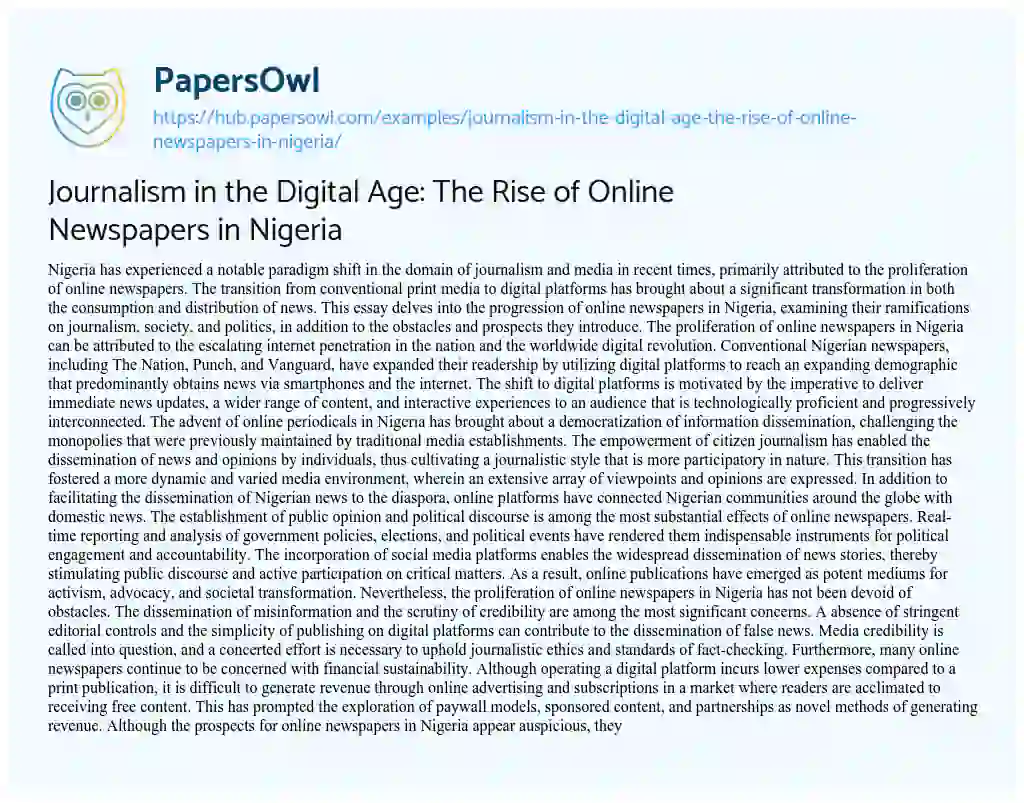 Essay on Journalism in the Digital Age: The Rise of Online Newspapers in Nigeria
