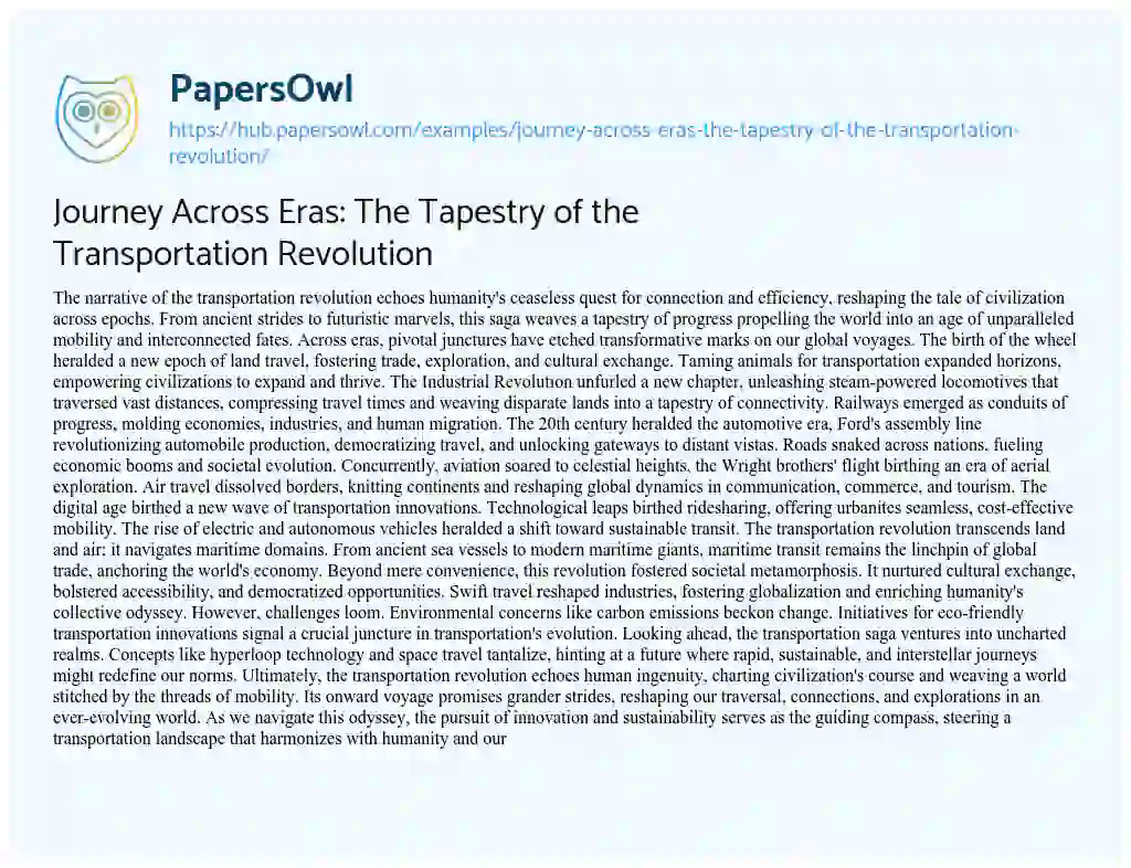Essay on Journey Across Eras: The Tapestry of the Transportation Revolution