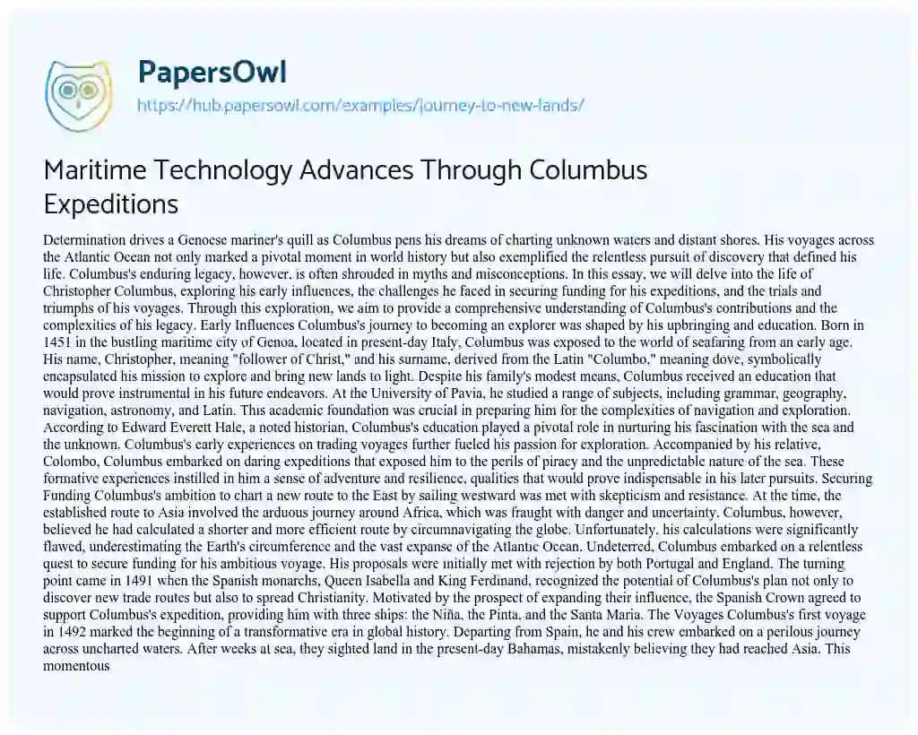 Essay on Maritime Technology Advances Through Columbus Expeditions