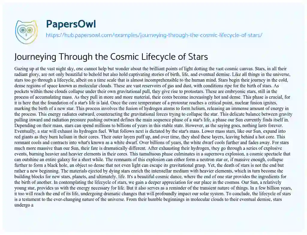 Essay on Journeying Through the Cosmic Lifecycle of Stars