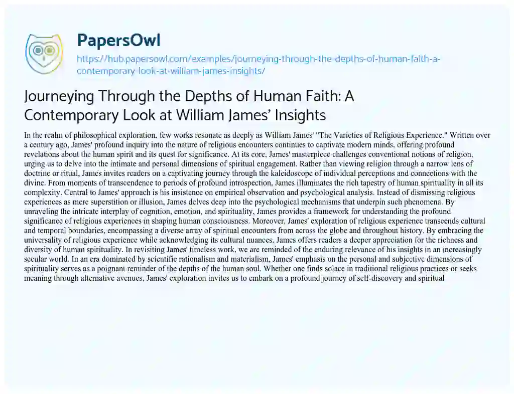 Essay on Journeying Through the Depths of Human Faith: A Contemporary Look at William James’ Insights