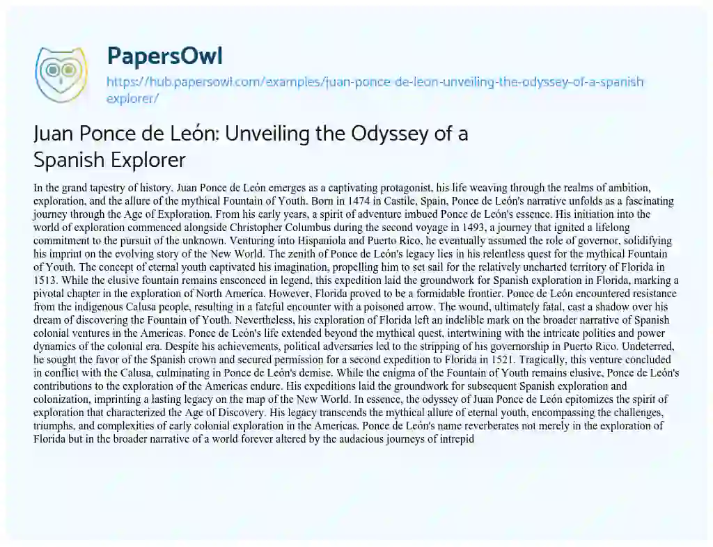 Essay on Juan Ponce de León: Unveiling the Odyssey of a Spanish Explorer