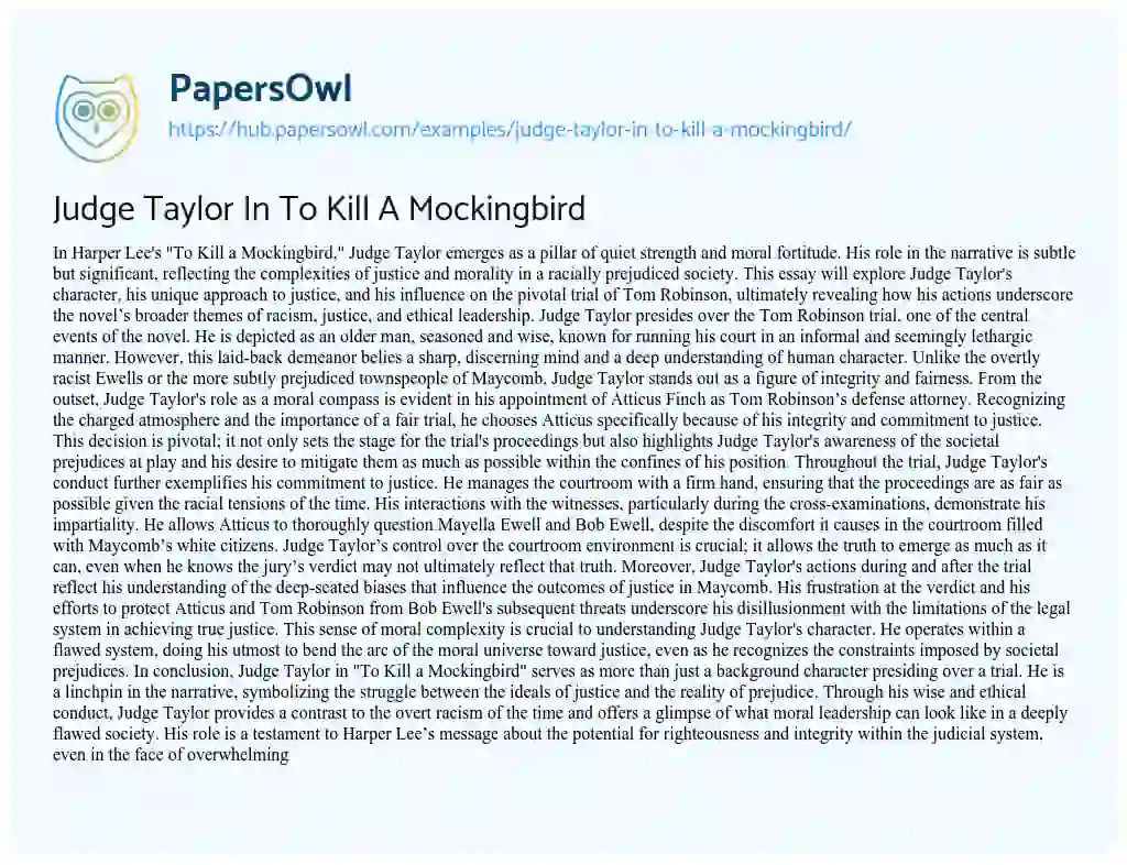 Essay on Judge Taylor In To Kill A Mockingbird