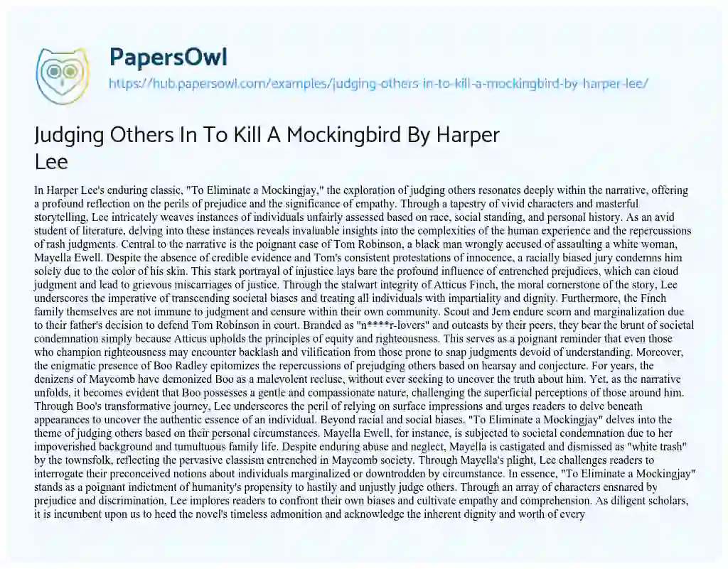 Essay on Judging Others In To Kill A Mockingbird By Harper Lee